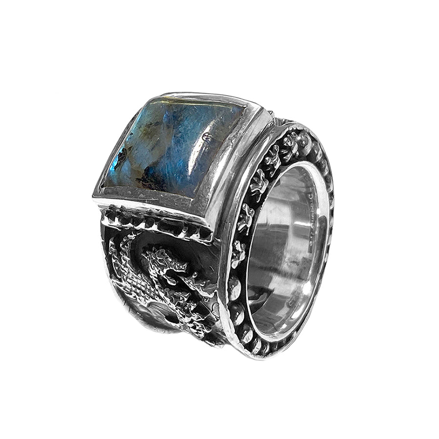 Elfcraft Bandring Labradorit Cabochon Eckig Drachen-Motiv 925 Sterling Silber Massiv