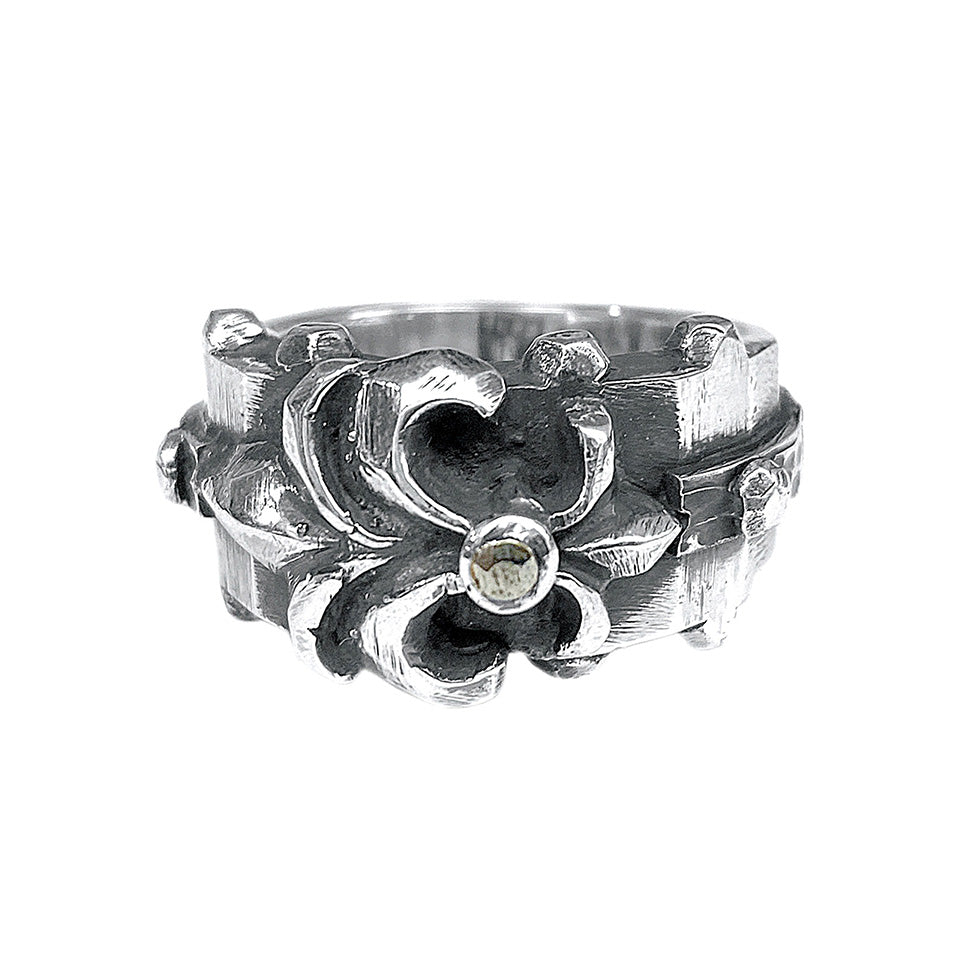 Elfcraft Bandring Lilien-Motiv Meteorit Facettiert Sterling Silber Massiv Unisex