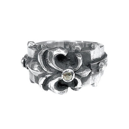 Elfcraft Bandring Lilien-Motiv Meteorit Facettiert Sterling Silber Massiv Unisex
