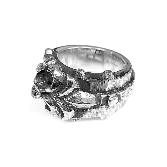 Elfcraft Bandring Lilien-Motiv Meteorit Facettiert 925 Sterling Silber Massiv Unisex
