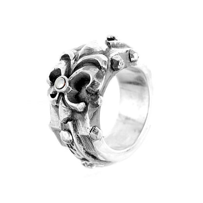 Elfcraft Bandring Lilien-Motiv Meteorit Facettiert 925 Silber Massiv Unisex