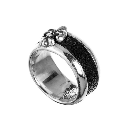 Elfcraft Bandring Lilie Rochenleder Schwarz 925 Sterling Silber Massiv Unisex