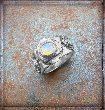 Elfcraft Bandring Octagon Steps Pyramiden Opal-Steine 925 Sterling Silber Massiv