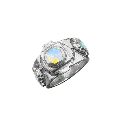 Elfcraft Bandring Octagon Steps Pyramiden Opal-Steine 925 Sterling Silber Massiv Unisex