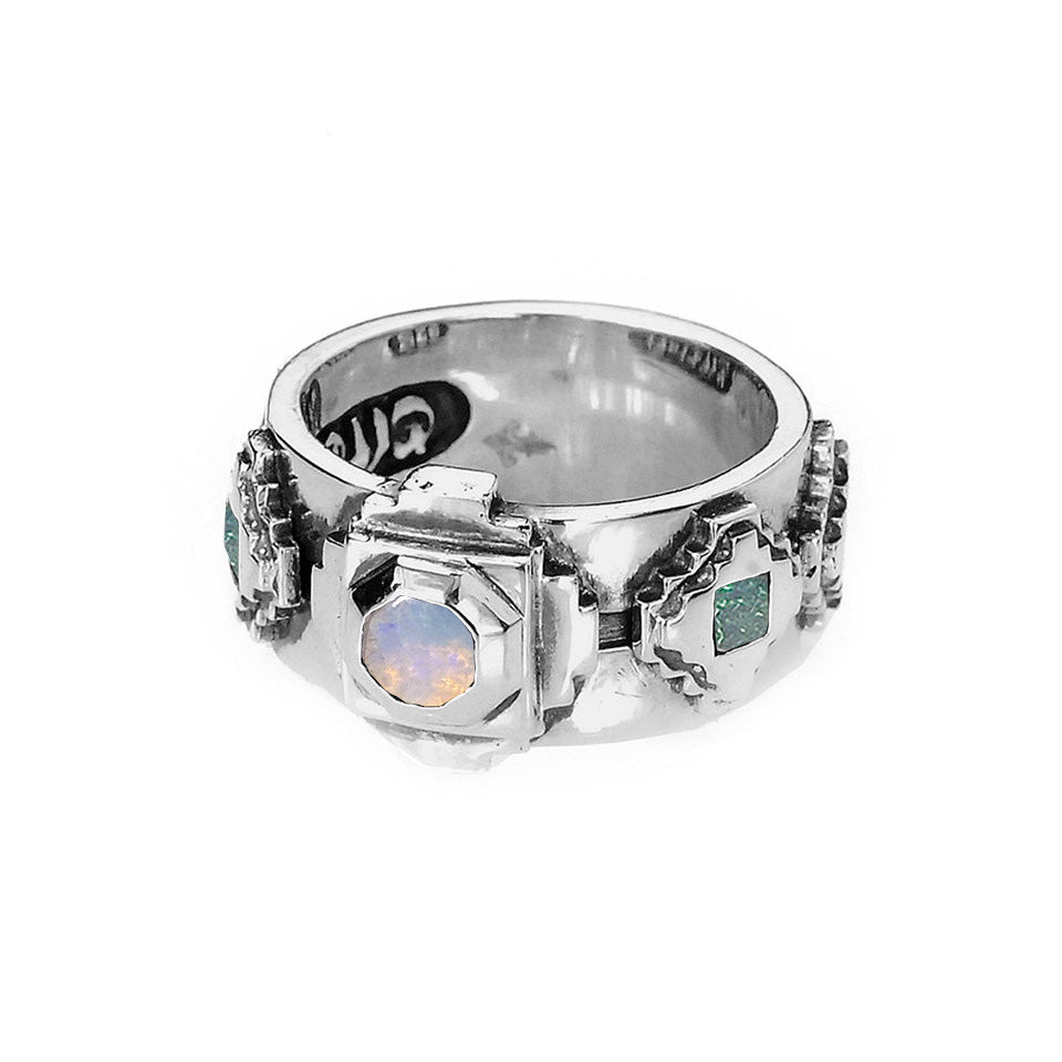 Elfcraft Bandring Octagon Steps Pyramiden Opal-Steine Sterling Silber Massiv Unisex