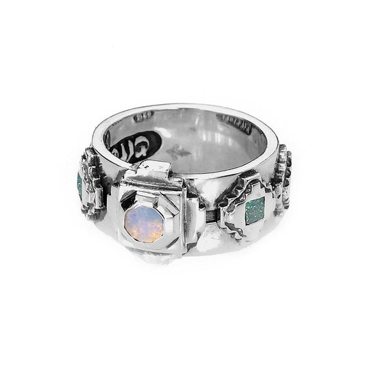 Elfcraft Bandring Octagon Steps Pyramiden Opal-Steine Sterling Silber Massiv Unisex