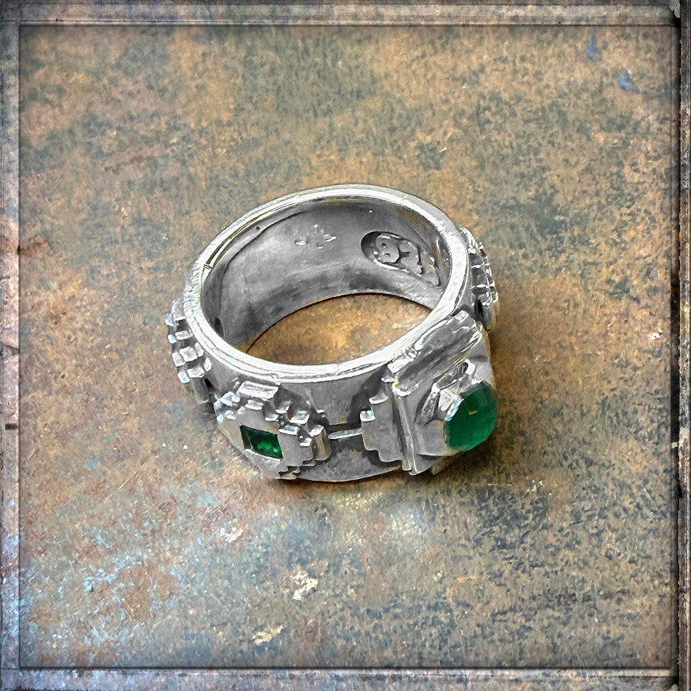 Elfcraft Bandring Octagon Steps Pyramiden Zirkonia Grün 925 Sterling Silber Massiv Unisex Seitlich