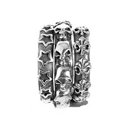 Elfcraft Bandring Dreireihig Skulls Totenköpfe Lilien Sterne Sterling Silber Massiv Unisex