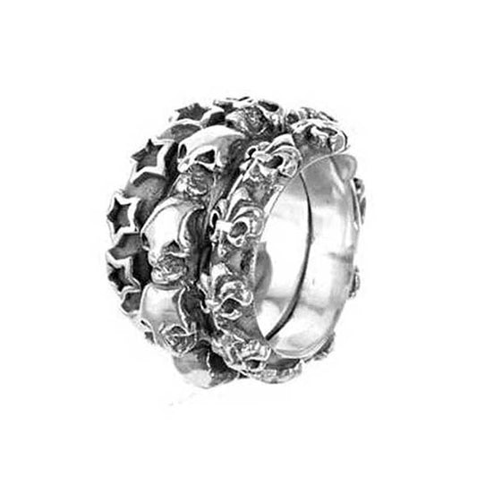 Elfcraft Bandring Dreireihig Skulls Totenköpfe Lilien Sterne 925 Sterling Silber Massiv Unisex