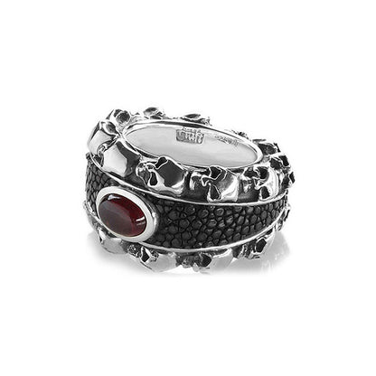 Elfcraft Bandring Skulls Granat Cabochon Rochenleder Schwarz 925 Sterling Silber Massiv Unisex