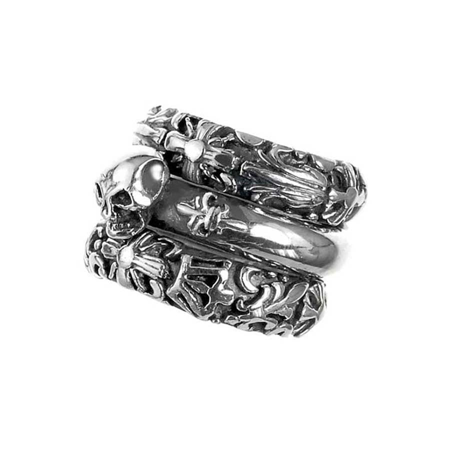 Elfcraft Bandring Dreireihig Skull Lilien-Kreuz-Motive Garden At Night 925 Sterling Silber Massiv Unisex