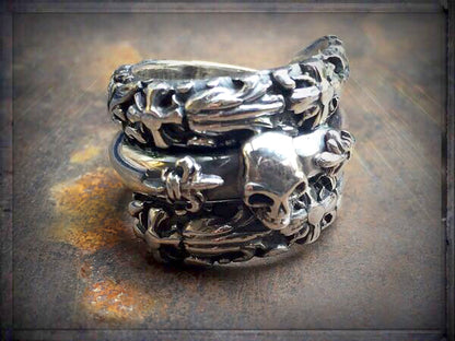 Elfcraft Bandring Dreireihig Skull Lilien-Kreuz-Motive 925 Sterling Silber Massiv Unisex