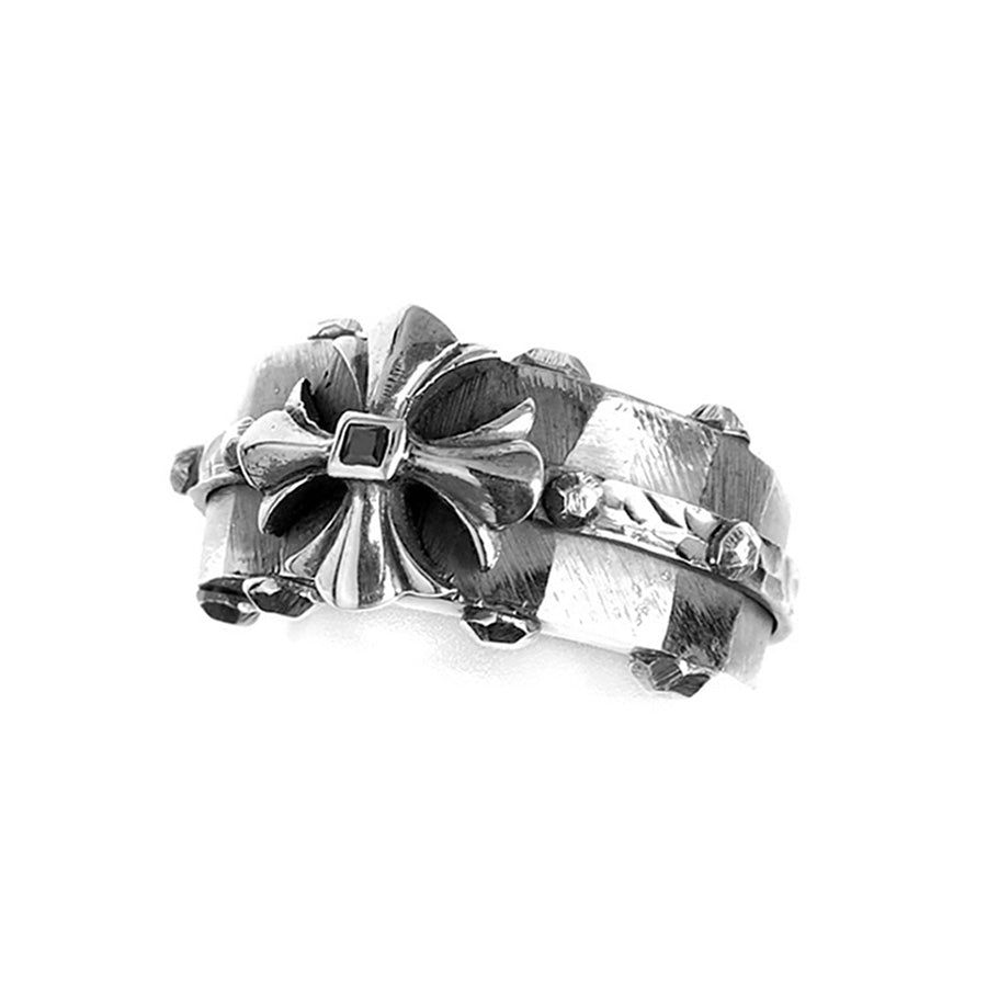 Elfcraft Bandring 925 Sterling Silber Massiv Kreuz-Motiv Onyx Unisex
