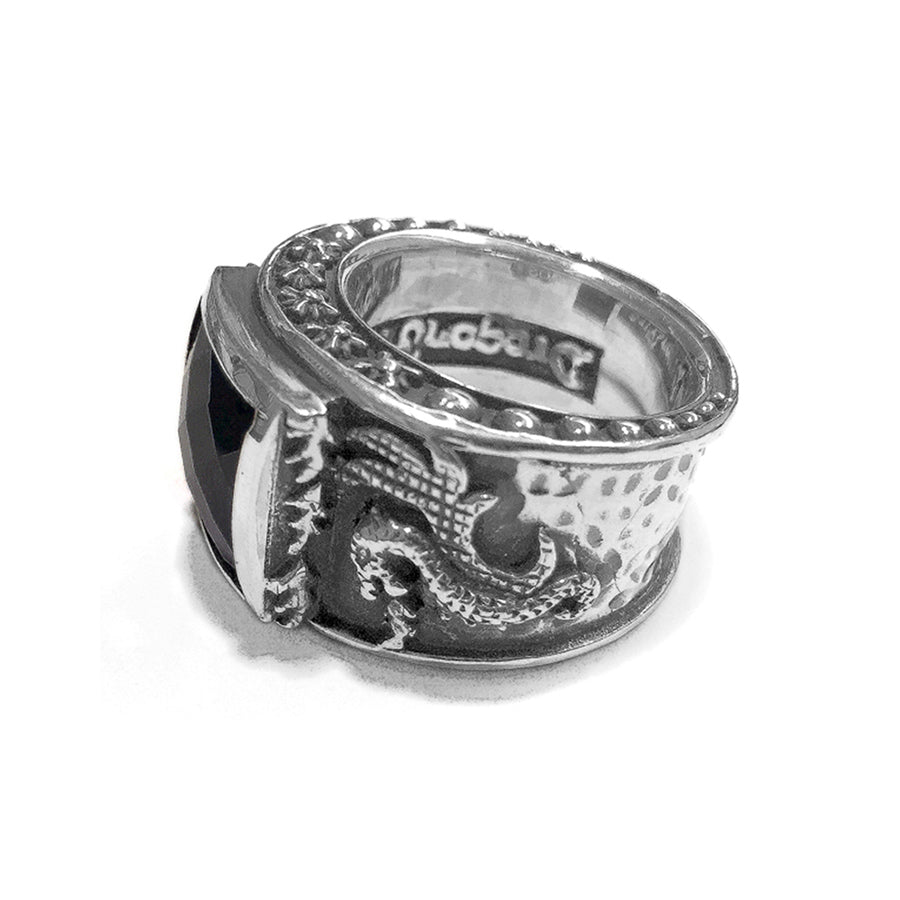 Elfcraft Bandring Zirkonia Schwarz Eckig Drachen-Motiv 925 Sterling Silber Massiv Seitlich