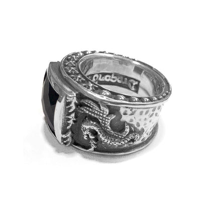 Elfcraft Bandring Zirkonia Schwarz Eckig Drachen-Motiv 925 Sterling Silber Massiv Seitlich