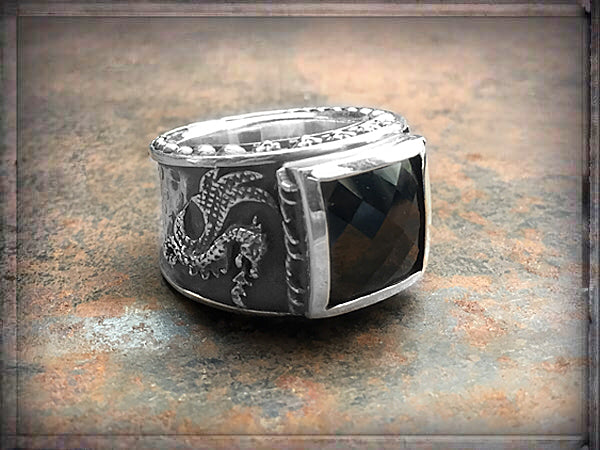 Elfcraft Bandring Zirkonia Schwarz Eckig Drachen-Motiv 925 Silber Massiv Unisex