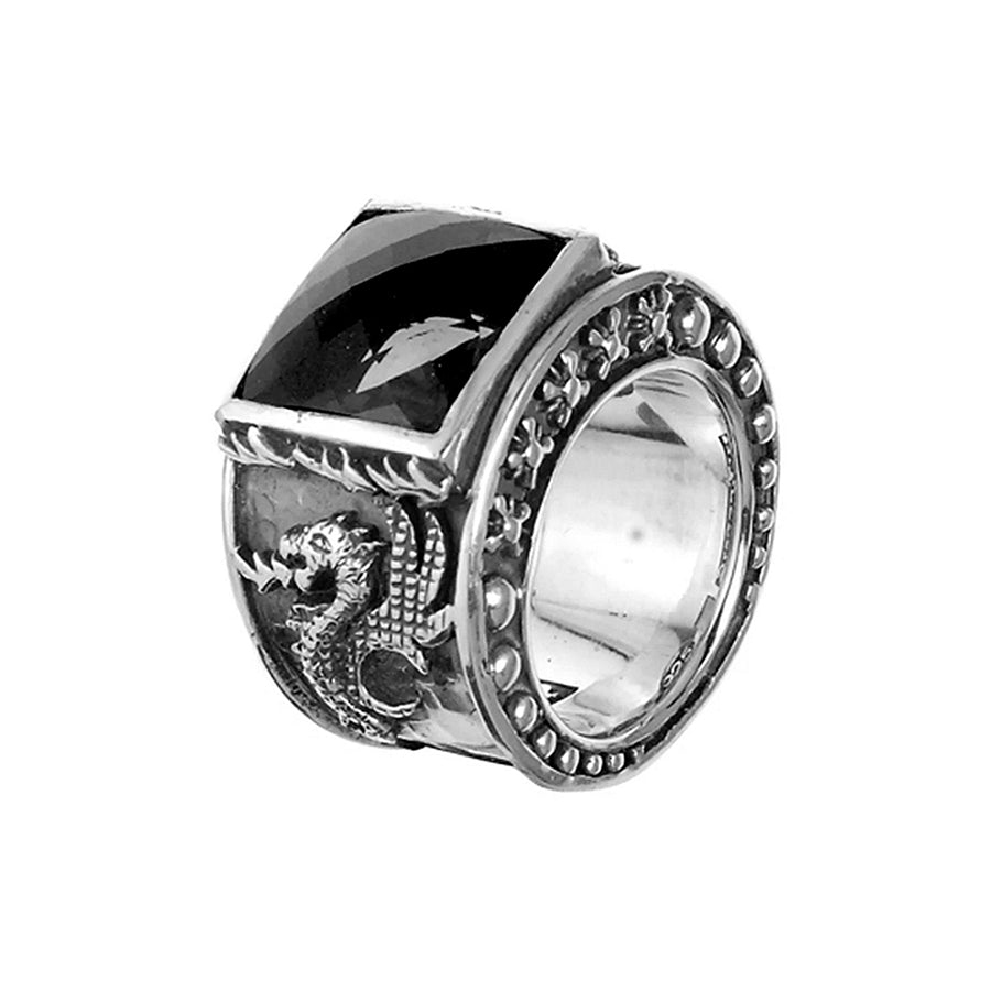 Elfcraft Bandring Zirkonia Schwarz Eckig Drachen-Motiv 925 Sterling Silber Massiv