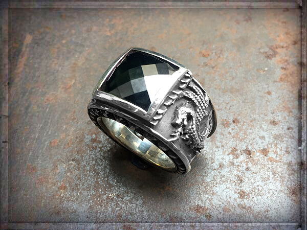 Elfcraft Bandring Zirkonia Schwarz Facettiert Eckig Drachen-Motiv Sterling Silber Massiv