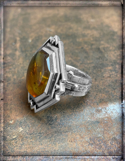 Elfcraft Statement Ring Bernstein Schwarze Diamanten 925 Silber Massiv