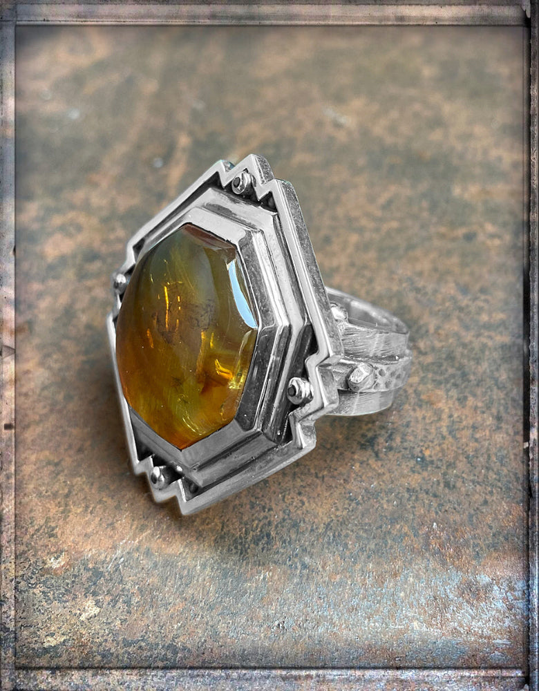 Elfcraft Statement Ring Bernstein Schwarze Diamanten Sterling Silber Massiv