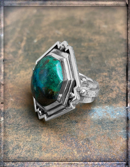 Elfcraft Statement Ring Chrysokoll Schwarze Diamanten 925 Silber Massiv