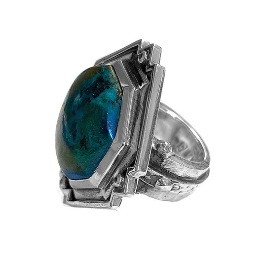 Elfcraft Statement Ring Chrysokoll Schwarze Diamanten 925 Sterling Silber Massiv