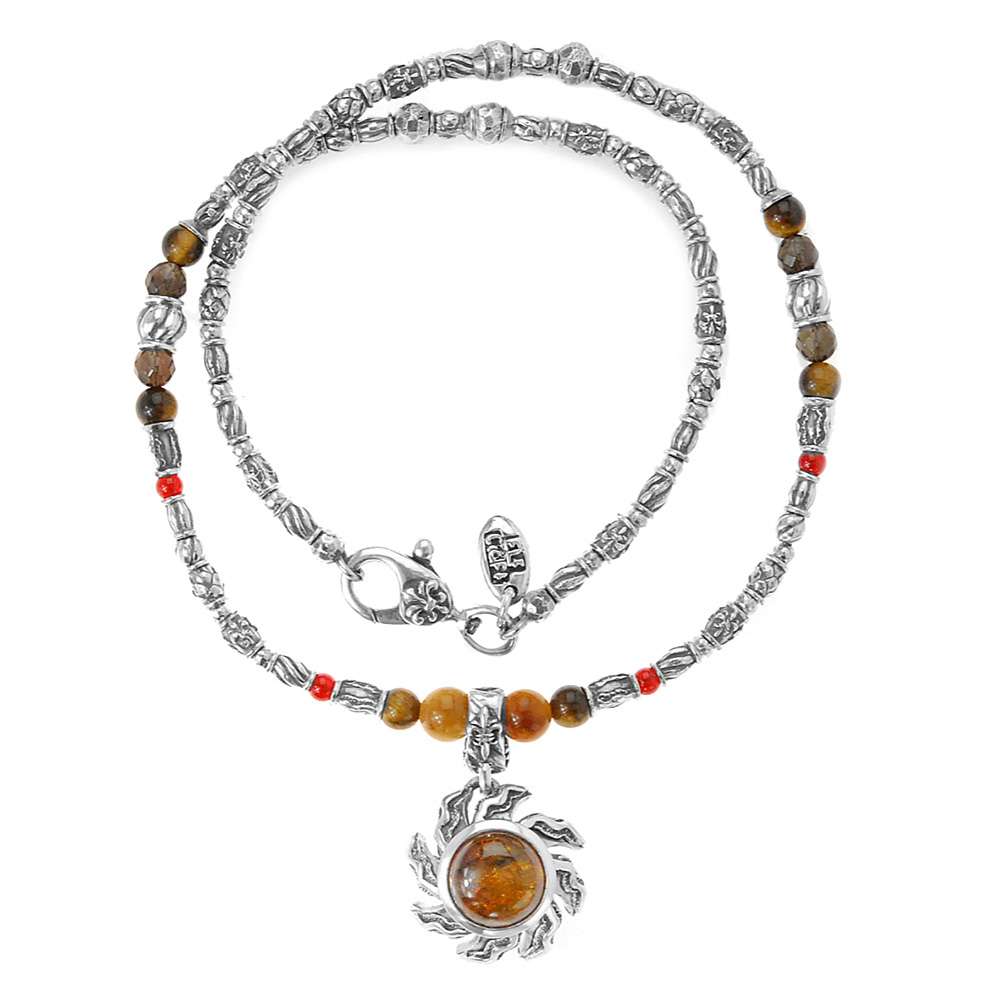 Elfcraft Kette Bernstein Sonne Tigerauge Carneol Onyx 925 Sterling Silber Massiv