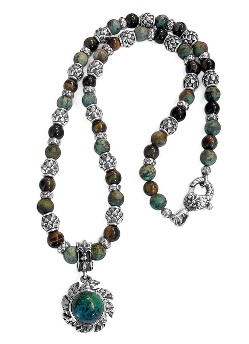 Elfcraft Kette Dragon Sun Drachenschuppen Tigerauge Afrikanischer Türkis Chrysokoll 925 Sterling Silber