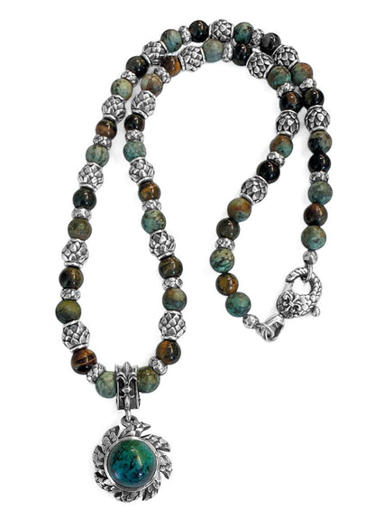Elfcraft Kette Dragon Sun Drachenschuppen Tigerauge Afrikanischer Türkis Chrysokoll 925 Sterling Silber