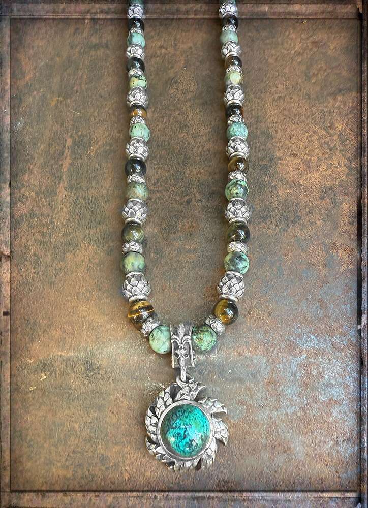 Elfcraft Kette Dragon Sun Drachenschuppen Tigerauge Afrikanischer Türkis Chrysokoll 925 Sterling Silber Massiv