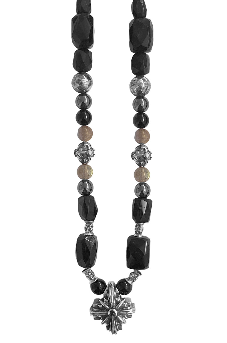 Elfcraft Steinkette Kreuz Morning-Star-Motiv Onyx Labradorit 925 Sterling Silber Massiv 60 cm Lang Unisex