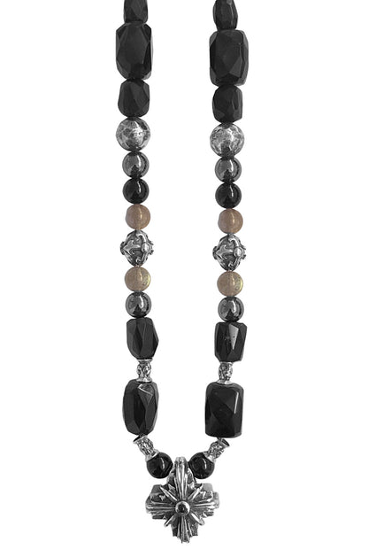 Elfcraft Steinkette Kreuz Morning-Star-Motiv Onyx Labradorit 925 Sterling Silber Massiv 60 cm Lang Unisex
