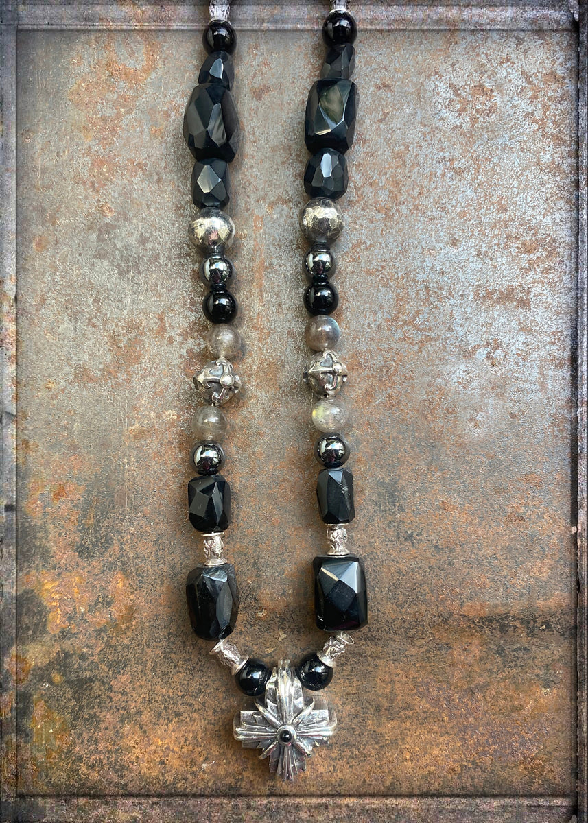 Elfcraft Steinkette Kreuz Morning-Star-Motiv Onyx Labradorit 925 Sterling Silber Massiv 60 cm