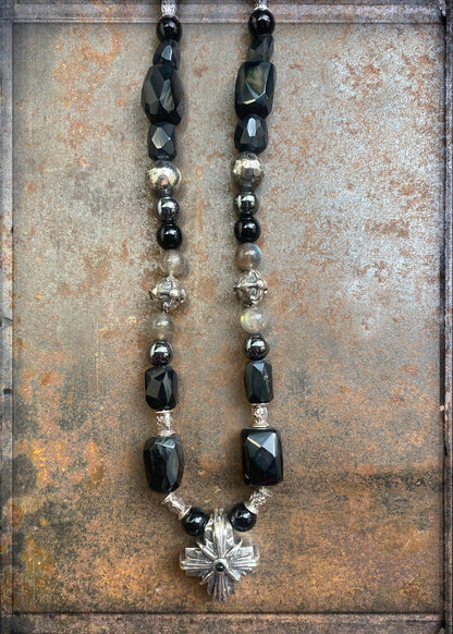 Elfcraft Steinkette Kreuz Morning-Star-Motiv Onyx Labradorit 925 Sterling Silber Massiv 60 cm