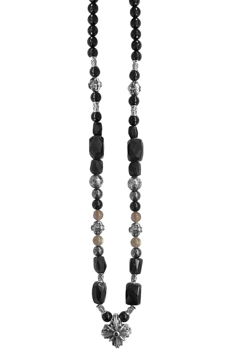 Elfcraft Steinkette Kreuz Morning-Star-Motiv Onyx Labradorit 925 Sterling Silber Massiv 60 cm Unisex