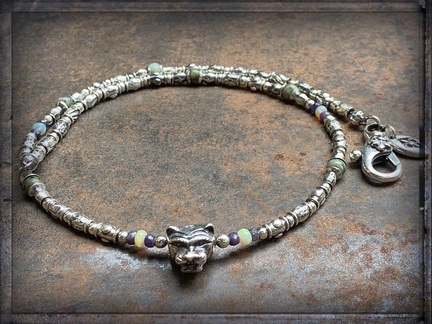 Elfcraft Kette Löwenkopf Opale Amethyst Afrkanischer Türkis 925 Sterling Silber Massiv 50 cm Lang Unisex