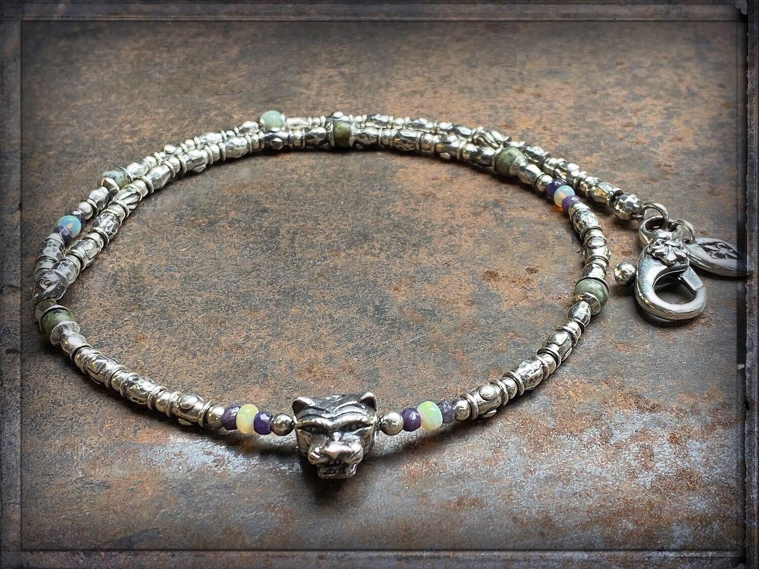 Elfcraft Kette Löwenkopf Opale Amethyst Afrkanischer Türkis 925 Sterling Silber Massiv 50 cm Lang Unisex
