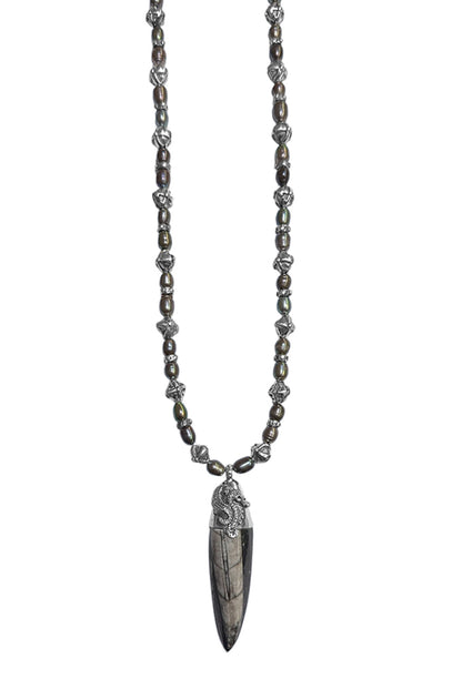 Elfcraft Kette Graue Perlen 92S Sterling Silber Orthoceras Fossil Anhänger Drachenfassung Unisex