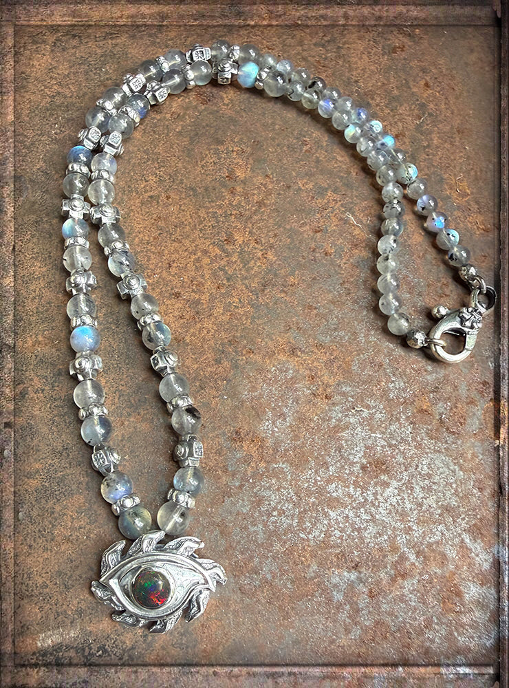 Elfcraft Kette The Third-Eye-Anhänger Labradorit Light Opal Kreuz-Beads 925 Silber Massiv Rock Style