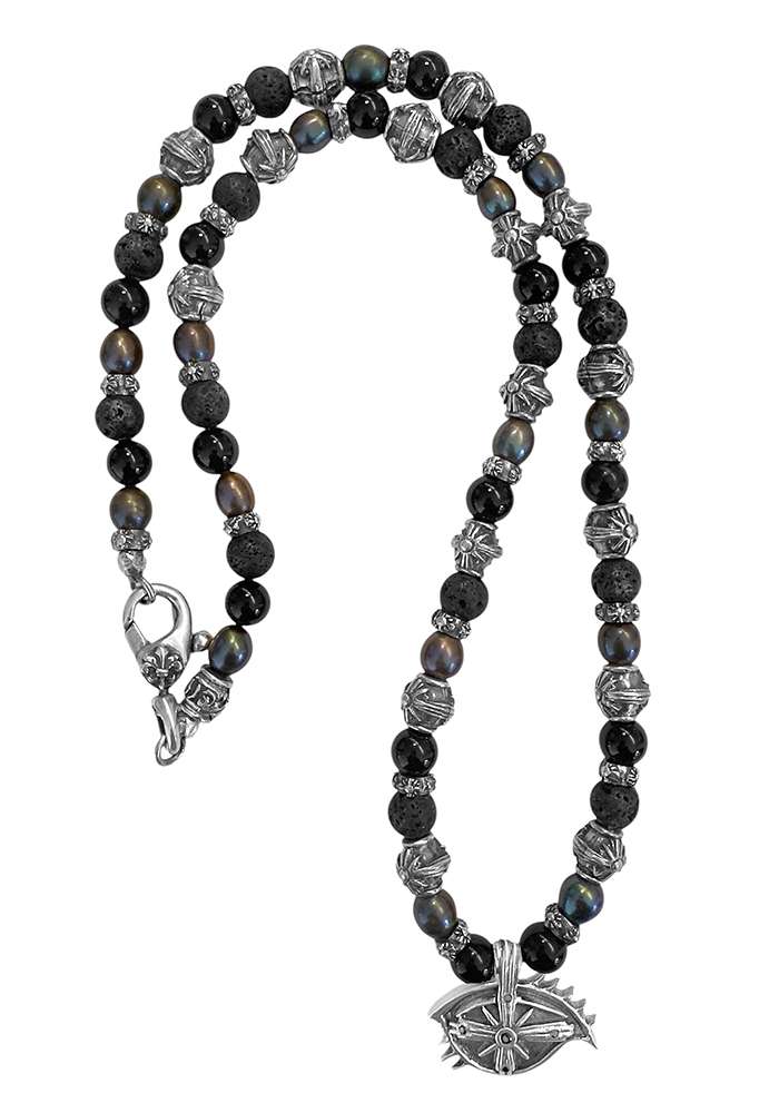 Elfcraft Kette Third Eye Anhänger Lava Onyx Süßwasserperlen Schwarze Diamanten 925 Sterling Silber