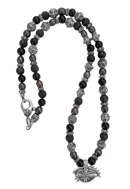 Elfcraft Kette Third Eye Anhänger Lava Onyx Süßwasserperlen Schwarze Diamanten 925 Sterling Silber