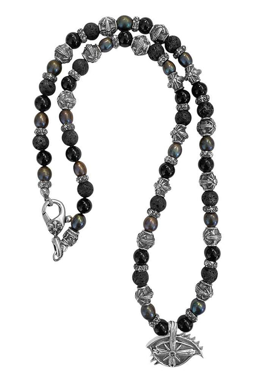Elfcraft Kette Third Eye Anhänger Lava Onyx Süßwasserperlen Schwarze Diamanten 925 Sterling Silber