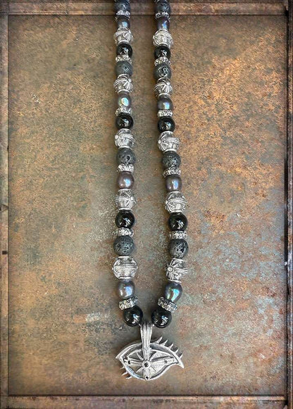 Elfcraft Kette Third Eye Anhänger Lava Onyx Süßwasserperlen Schwarze Diamanten 925 Sterling Silber Unisex