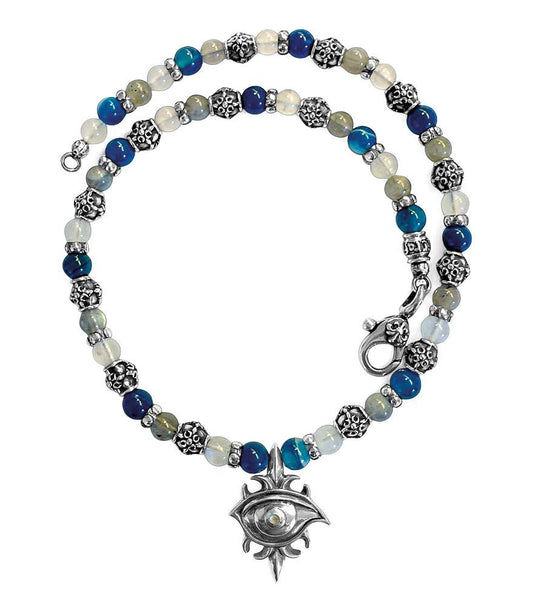 Elfcraft Kette Third Eye Mondstein Blauer Achat Labradorit 925 Sterling Silber Massiv