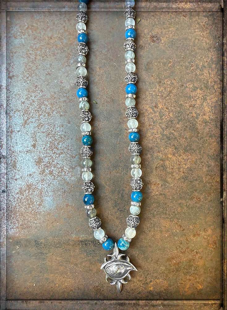 Elfcraft Kette Third Eye Mondstein Blauer Achat Labradorit 925 Sterling Silber Massiv Unisex
