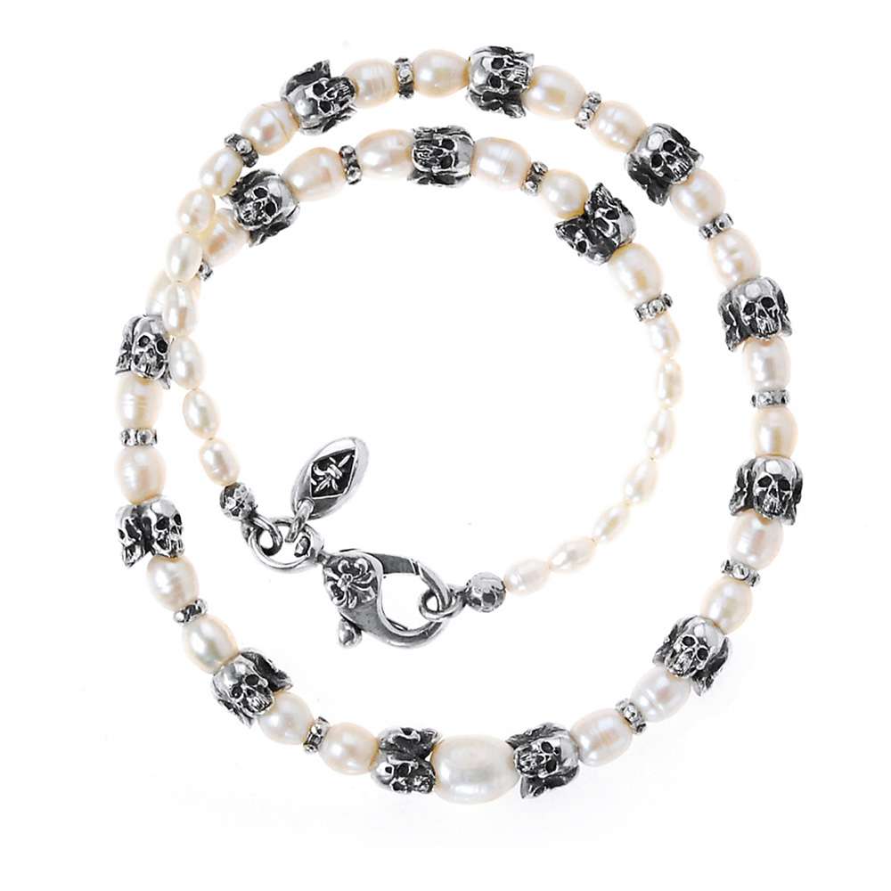Elfcraft Kette Weiße Perlen Skulls 925 Sterling Silber