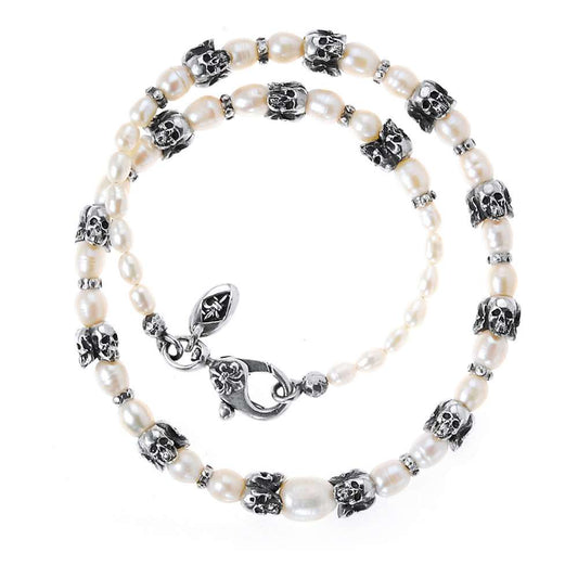 Elfcraft Kette Weiße Perlen Skulls 925 Sterling Silber