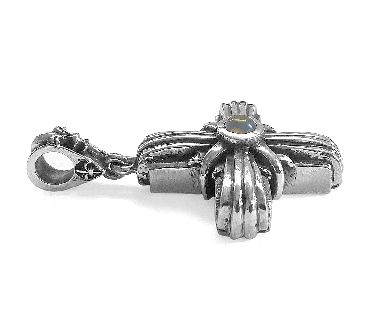 Elfcraft Kreuz Anhänger Gleichschenkelig Mondstein Cabochon Lilien-Öse 4 cm 6 cm 925 Sterling Silber Massiv Unisex Seitlich