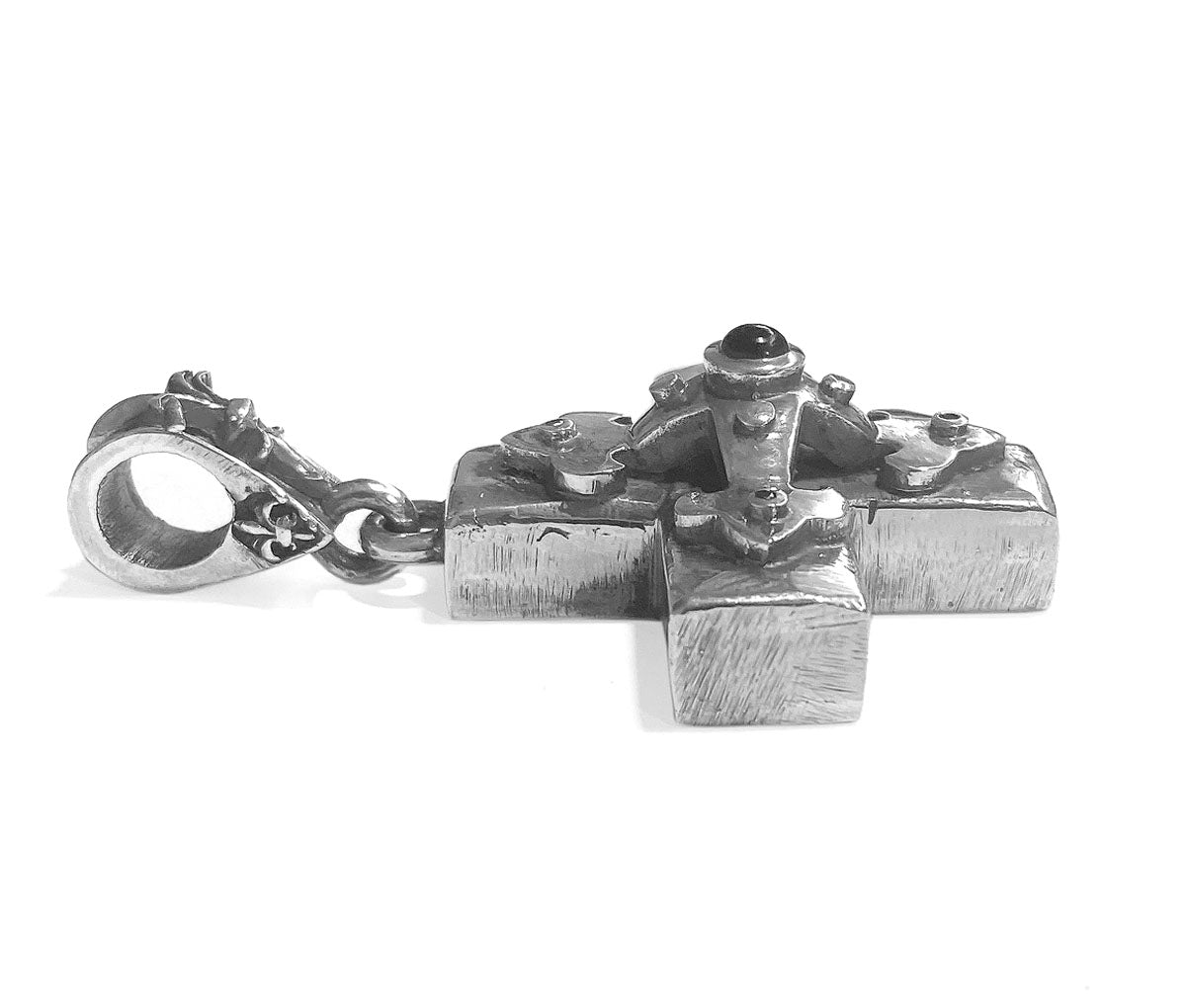 Elfcraft Kreuz-Anhänger Gleichschenkelig Onyx Cabochon Schwarze Zirkonia Lilien-Öse 925 Sterling Silber Massiv Unisex Seitlich