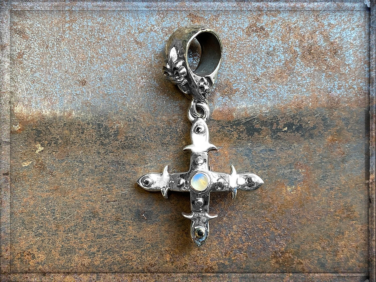 Elfcraft Anhänger Mondstein Cabochon  Brillanten Schwarz 925 Sterling Silber Massiv 3 cm Lilien-Öse Unisex